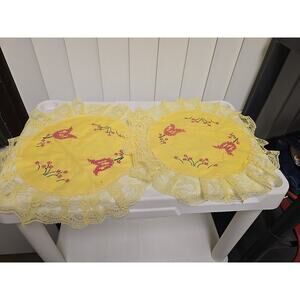 Lot of 2 Vintage Yellow Hand Stitched Floral Crochet Lace Edges Textiles Doilies